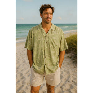 Two Palms Men's Hawaiian Shirt Size XL Green White Floral Laid Back Aloha Spirit